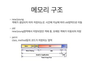 메모리 구조
• new/young 
객체가 생성되지 마자 저장되는곳. 시간에 지남에 따라 old영역으로 이동
• old 
new/young영역에서 저장되었던 객체 중, 오래된 객체가 이동되어 저장
• perm 
class, method등의 코드가 저장되는 영역
 