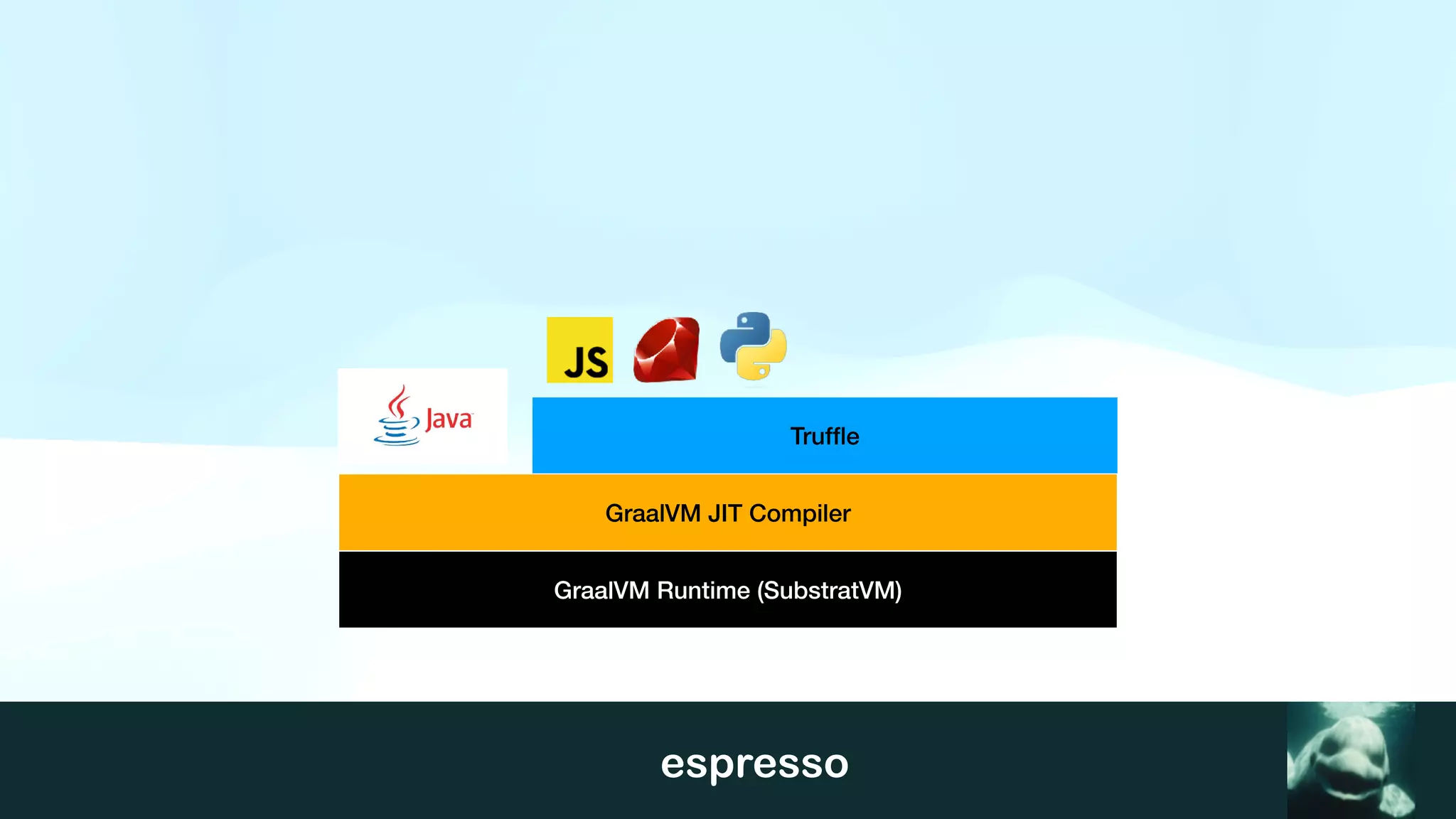 espresso
GraalVM Runtime (SubstratVM)
GraalVM JIT Compiler
Truf
fl
e
 