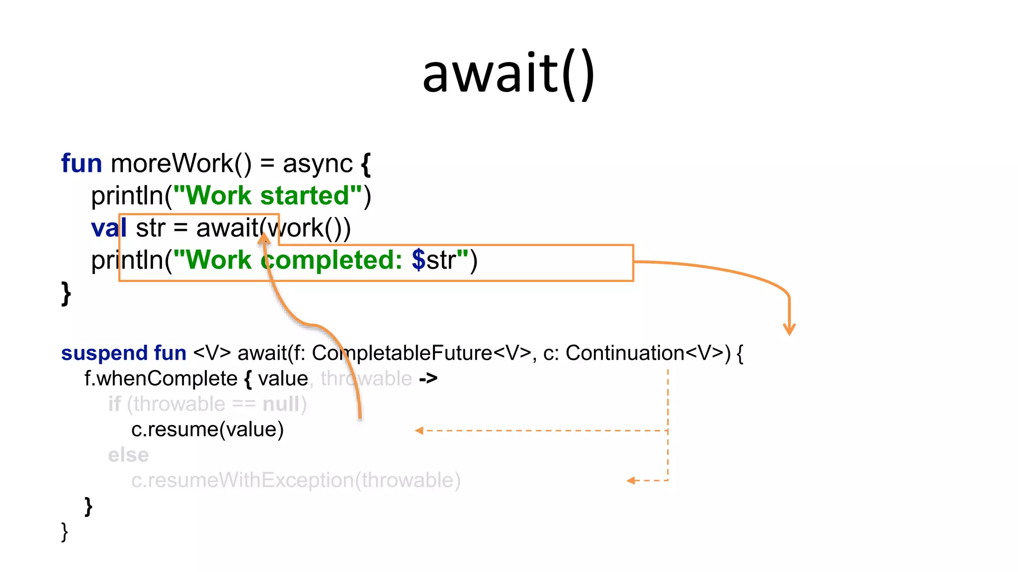 Example:	
  async/await	
  (I)	
  
fun work() = async {!
Thread.sleep(200)!
"done"!
}!
!
fun moreWork() = async {!
println("Work started")!
val str = await(work())!
println("Work completed: $str")!
}	
  
 