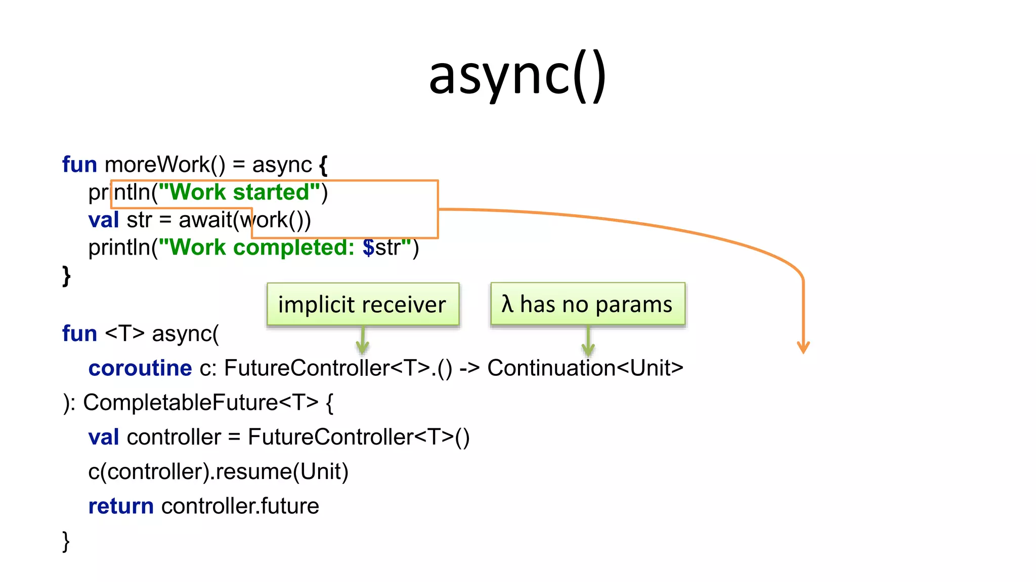 await()	
  
fun moreWork() = async {!
println("Work started")!
val str = await(work())!
println("Work completed: $str")!
}!
!
suspend fun <V> await(f: CompletableFuture<V>, c: Continuation<V>) {!
f.whenComplete { value, throwable ->!
if (throwable == null)!
c.resume(value)!
else!
c.resumeWithException(throwable)!
}!
}!
!
 