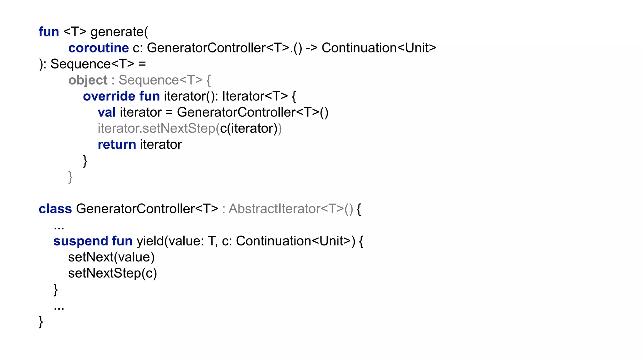 Yield	
  (The	
  C#	
  Way)	
  
IEnumerable<int>	
  Fibonacci()	
  {	
  
	
  	
  	
  	
  var	
  cur	
  =	
  1;	
  
	
  	
  	
  	
  var	
  next	
  =	
  1;	
  
	
  
	
  	
  	
  	
  yield	
  return	
  1;	
  
	
  
	
  	
  	
  	
  while	
  (true)	
  {	
  
	
  	
  	
  	
  	
  	
  	
  	
  yield	
  return	
  next;	
  
	
  
	
  	
  	
  	
  	
  	
  	
  	
  var	
  tmp	
  =	
  cur	
  +	
  next;	
  
	
  	
  	
  	
  	
  	
  	
  	
  cur	
  =	
  next;	
  
	
  	
  	
  	
  	
  	
  	
  	
  next	
  =	
  tmp;	
  
	
  	
  	
  	
  }	
  
}	
  
Inﬁnite	
  (lazy)	
  sequence	
  of	
  	
  
Fibonacci	
  numbers	
  
 