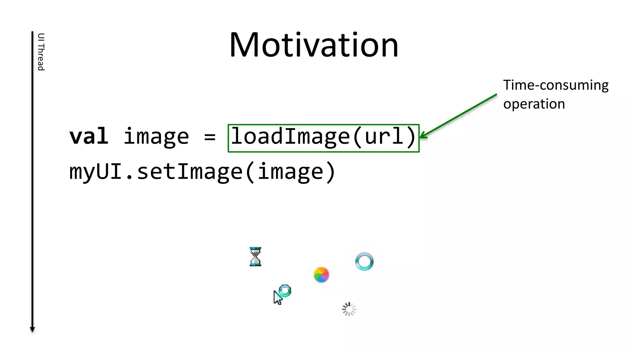  
val	
  image	
  =	
  loadImage(url)	
  
myUI.setImage(image)	
  
	
  
Mo%va%on	
  
Time-­‐consuming	
  
opera%on	
  
UI	
  Thread	
  
 
