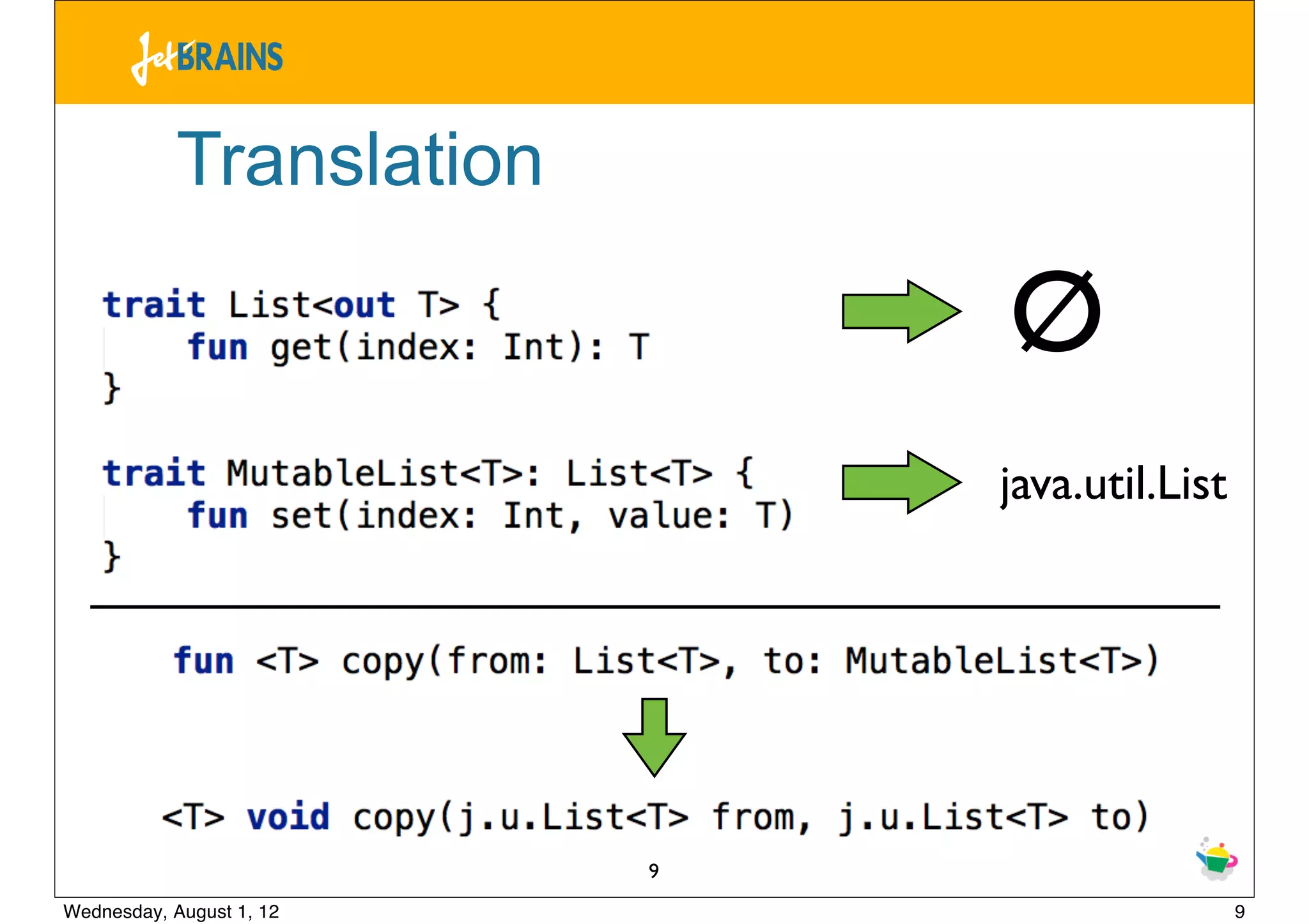 Translation

                              Ø
                              java.util.List




                          9
Wednesday, August 1, 12                        9
 