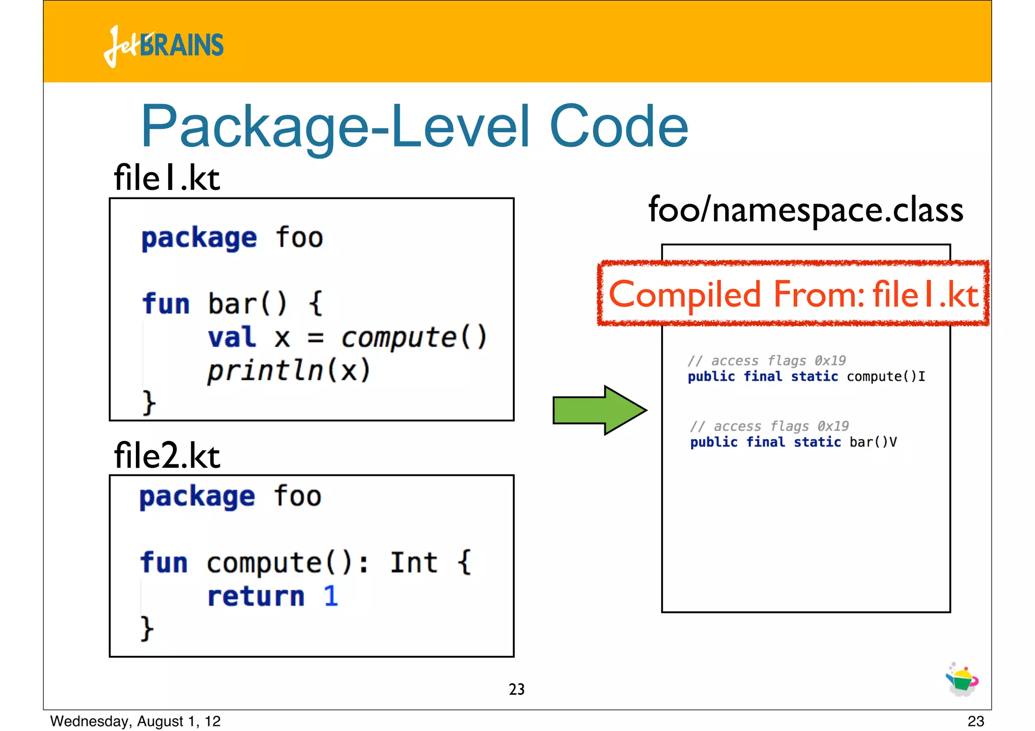 Package-Level Code
        ﬁle1.kt
                                 foo/namespace.class

                               Compiled From: ﬁle1.kt



        ﬁle2.kt




                          23
Wednesday, August 1, 12                                23
 