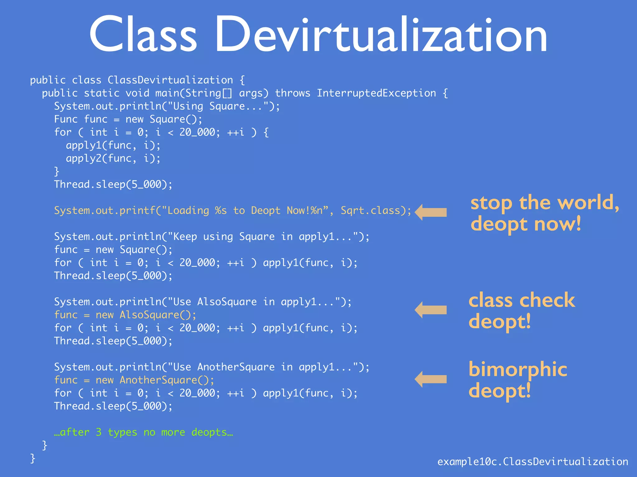 public class ClassDevirtualization {
public static void main(String[] args) throws InterruptedException {
System.out.println("Using Square...");
Func func = new Square();
for ( int i = 0; i < 20_000; ++i ) {
apply1(func, i);
apply2(func, i);
}
Thread.sleep(5_000);
System.out.printf("Loading %s to Deopt Now!%n”, Sqrt.class);
System.out.println("Keep using Square in apply1...");
func = new Square();
for ( int i = 0; i < 20_000; ++i ) apply1(func, i);
Thread.sleep(5_000);
System.out.println("Use AlsoSquare in apply1...");
func = new AlsoSquare();
for ( int i = 0; i < 20_000; ++i ) apply1(func, i);
Thread.sleep(5_000);
System.out.println("Use AnotherSquare in apply1...");
func = new AnotherSquare();
for ( int i = 0; i < 20_000; ++i ) apply1(func, i);
Thread.sleep(5_000);
…after 3 types no more deopts…
}
}
stop the world,
deopt now!
class check
deopt!
bimorphic
deopt!
example10c.ClassDevirtualization
Class Devirtualization
 