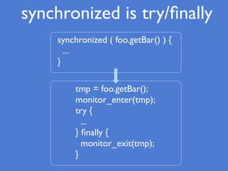 synchronized is try/ﬁnally
synchronized ( foo.getBar() ) {
...
}
tmp = foo.getBar();
monitor_enter(tmp);
try {
...
} ﬁnally {
monitor_exit(tmp);
}
 
