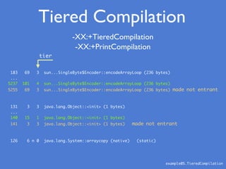 183 69 3 sun...SingleByte$Encoder::encodeArrayLoop (236 bytes)
...
5237 101 4 sun...SingleByte$Encoder::encodeArrayLoop (236 bytes)
5255 69 3 sun...SingleByte$Encoder::encodeArrayLoop (236 bytes) made not entrant
131 3 3 java.lang.Object::<init> (1 bytes)
...
140 15 1 java.lang.Object::<init> (1 bytes)
141 3 3 java.lang.Object::<init> (1 bytes) made not entrant
126 6 n 0 java.lang.System::arraycopy (native) (static)
-XX:+TieredCompilation
-XX:+PrintCompilation
example05.TieredCompilation
Tiered Compilation
tier
 