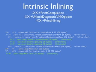 -XX:+PrintCompilation
-XX:+UnlockDiagnosticVMOptions
-XX:+PrintInlining
376 8 % example06.Intrinsics::randomInts @ 13 (30 bytes)
@ 16 java.util.concurrent.ThreadLocalRandom::nextInt (8 bytes) inline (hot)
@ 1 java.util.concurrent.ThreadLocalRandom::nextSeed (32 bytes) inline (hot)
@ 3 java.lang.Thread::currentThread (0 bytes) (intrinsic)
@ 18 sun.misc.Unsafe::getLong (0 bytes) (intrinsic)
@ 27 sun.misc.Unsafe::putLong (0 bytes) (intrinsic)
@ 4 java.util.concurrent.ThreadLocalRandom::mix32 (26 bytes) inline (hot)
379 9 java.lang.Math::min (11 bytes)
379 10 % example06.Intrinsics::main @ 22 (58 bytes)
@ 30 java.lang.Math::min (11 bytes) (intrinsic)
Intrinsic Inlining
 