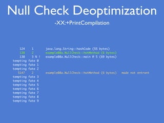 Null Check Deoptimization
-XX:+PrintCompilation
124 1 java.lang.String::hashCode (55 bytes)
138 2 example08a.NullCheck::hotMethod (6 bytes)
138 3 % ! example08a.NullCheck::main @ 5 (69 bytes)
tempting fate 0
tempting fate 1
tempting fate 2
5147 2 example08a.NullCheck::hotMethod (6 bytes) made not entrant
tempting fate 3
tempting fate 4
tempting fate 5
tempting fate 6
tempting fate 7
tempting fate 8
tempting fate 9
 