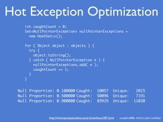 Null Proportion: 0.100000 Caught: 10057 Unique: 2015
Null Proportion: 0.500000 Caught: 50096 Unique: 7191
Null Proportion: 0.900000 Caught: 89929 Unique: 11030
int caughtCount = 0;
Set<NullPointerException> nullPointerExceptions =
new HashSet<>();
for ( Object object : objects ) {
try {
object.toString();
} catch ( NullPointerException e ) {
nullPointerExceptions.add( e );
caughtCount += 1;
}
}
Hot Exception Optimization
example08b.HotExceptionDemohttp://www.javaspecialists.eu/archive/Issue187.html
 