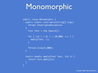 public class Monomorphic {
public static void main(String[] args)
throws InterruptedException
{
Func func = new Square();
for ( int i = 0; i < 20_000; ++i ) {
apply(func, i);
}
Thread.sleep(5_000);
}
static double apply(Func func, int x) {
return func.apply(x);
}
}
Monomorphic
example10a.Monomorphic
 