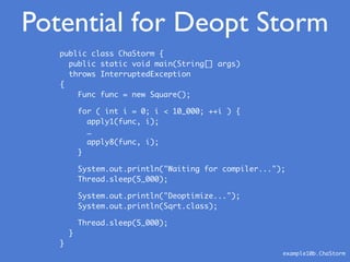 example10b.ChaStorm
public class ChaStorm {
public static void main(String[] args)
throws InterruptedException
{
Func func = new Square();
for ( int i = 0; i < 10_000; ++i ) {
apply1(func, i);
…
apply8(func, i);
}
System.out.println("Waiting for compiler...");
Thread.sleep(5_000);
System.out.println("Deoptimize...");
System.out.println(Sqrt.class);
Thread.sleep(5_000);
}
}
Potential for Deopt Storm
 