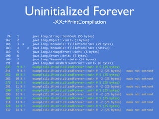 -XX:+PrintCompilation
74 1 java.lang.String::hashCode (55 bytes)
162 2 java.lang.Object::<init> (1 bytes)
188 3 s java.lang.Throwable::fillInStackTrace (29 bytes)
189 4 n java.lang.Throwable::fillInStackTrace (native)
189 5 java.lang.LinkageError::<init> (6 bytes)
190 6 java.lang.Error::<init> (6 bytes)
190 7 java.lang.Throwable::<init> (34 bytes)
191 8 java.lang.NoClassDefFoundError::<init> (6 bytes)
233 9 % ! example11b.UninitializedForever::main @ 5 (25 bytes)
241 9 % ! example11b.UninitializedForever::main @ -2 (25 bytes) made not entrant
252 10 % ! example11b.UninitializedForever::main @ 5 (25 bytes)
263 10 % ! example11b.UninitializedForever::main @ -2 (25 bytes) made not entrant
272 11 % ! example11b.UninitializedForever::main @ 5 (25 bytes)
281 11 % ! example11b.UninitializedForever::main @ -2 (25 bytes) made not entrant
290 12 % ! example11b.UninitializedForever::main @ 5 (25 bytes)
299 12 % ! example11b.UninitializedForever::main @ -2 (25 bytes) made not entrant
308 13 % ! example11b.UninitializedForever::main @ 5 (25 bytes)
318 13 % ! example11b.UninitializedForever::main @ -2 (25 bytes) made not entrant
328 14 % ! example11b.UninitializedForever::main @ 5 (25 bytes)
337 14 % ! example11b.UninitializedForever::main @ -2 (25 bytes) made not entrant
Uninitialized Forever
 