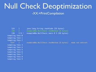 Null Check Deoptimization
-XX:+PrintCompilation
124 1 java.lang.String::hashCode (55 bytes)
138 2 example08a.NullCheck::ho...
