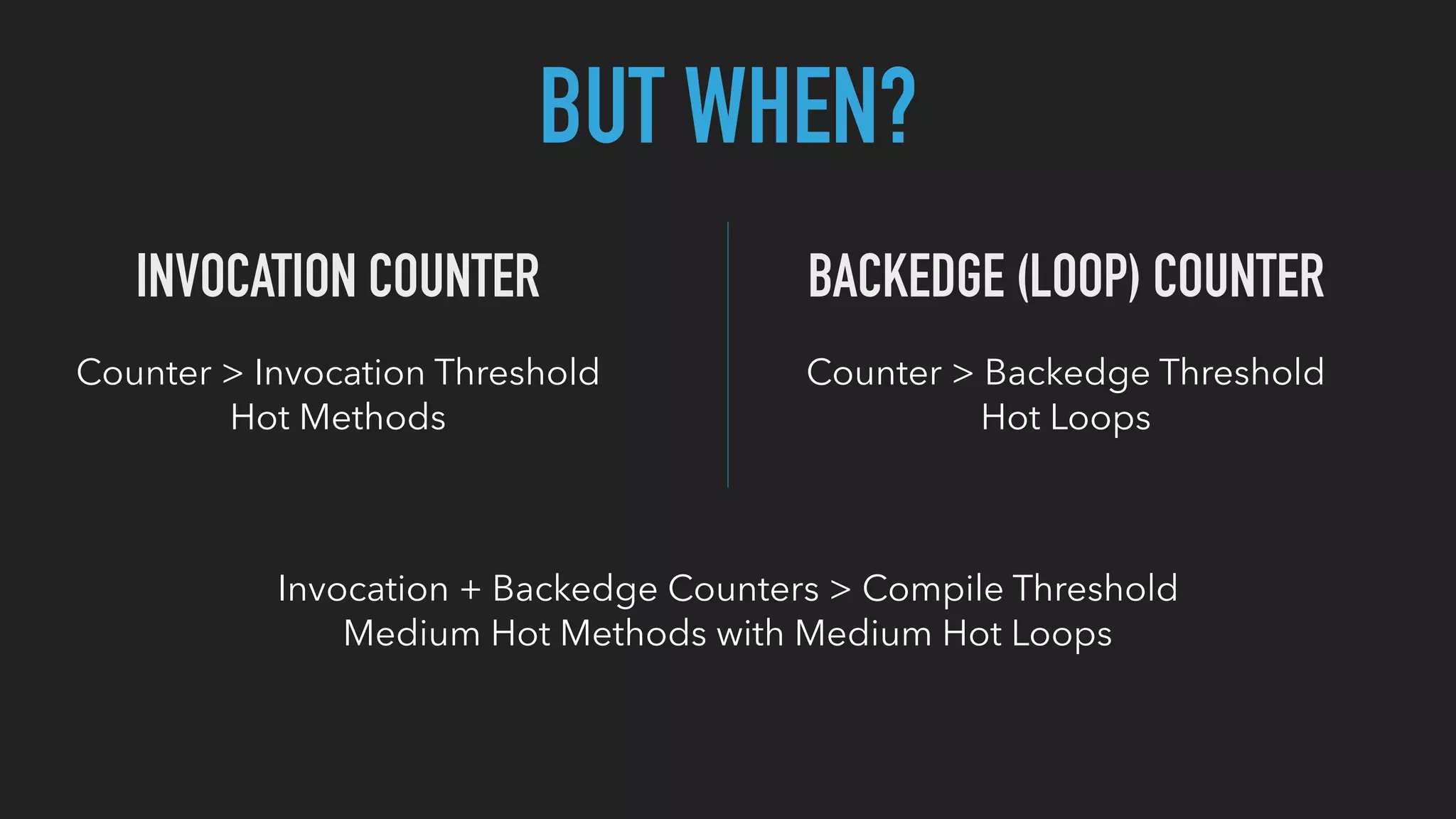 BUT WHEN?
BACKEDGE (LOOP) COUNTER
Counter > Backedge Threshold
Hot Loops
Counter > Invocation Threshold
Hot Methods
Invocation + Backedge Counters > Compile Threshold
Medium Hot Methods with Medium Hot Loops
INVOCATION COUNTER
 