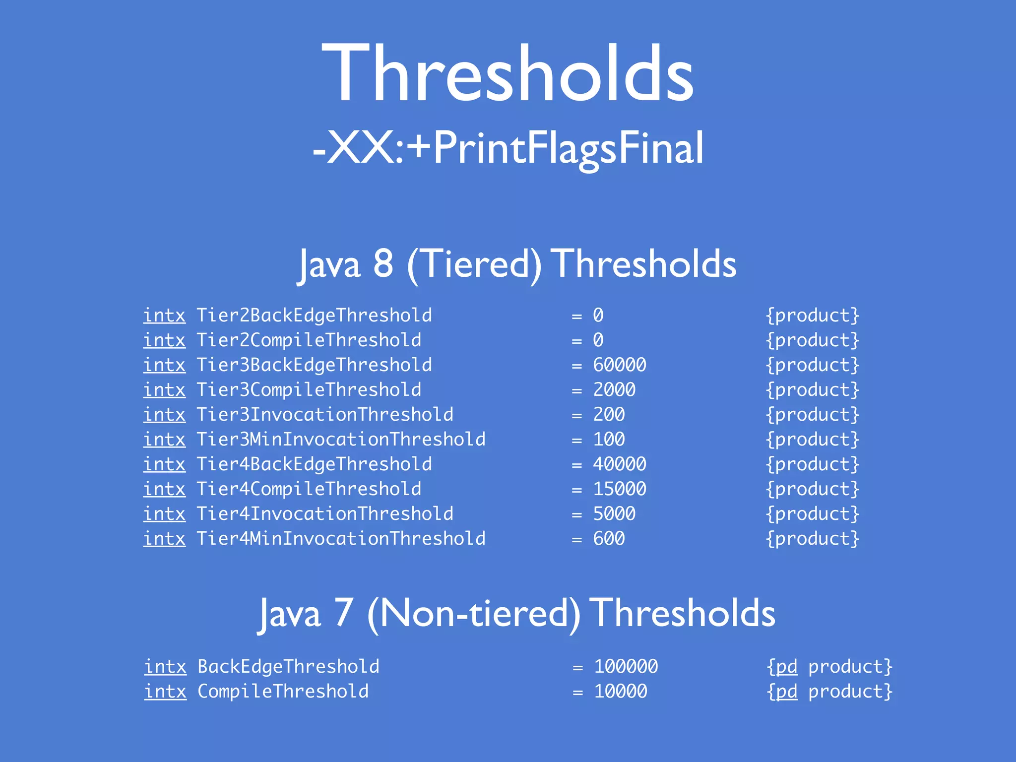 Thresholds
intx Tier2BackEdgeThreshold = 0 {product}
intx Tier2CompileThreshold = 0 {product}
intx Tier3BackEdgeThreshold = 60000 {product}
intx Tier3CompileThreshold = 2000 {product}
intx Tier3InvocationThreshold = 200 {product}
intx Tier3MinInvocationThreshold = 100 {product}
intx Tier4BackEdgeThreshold = 40000 {product}
intx Tier4CompileThreshold = 15000 {product}
intx Tier4InvocationThreshold = 5000 {product}
intx Tier4MinInvocationThreshold = 600 {product}
intx BackEdgeThreshold = 100000 {pd product}
intx CompileThreshold = 10000 {pd product}
Java 7 (Non-tiered) Thresholds
Java 8 (Tiered) Thresholds
-XX:+PrintFlagsFinal
 