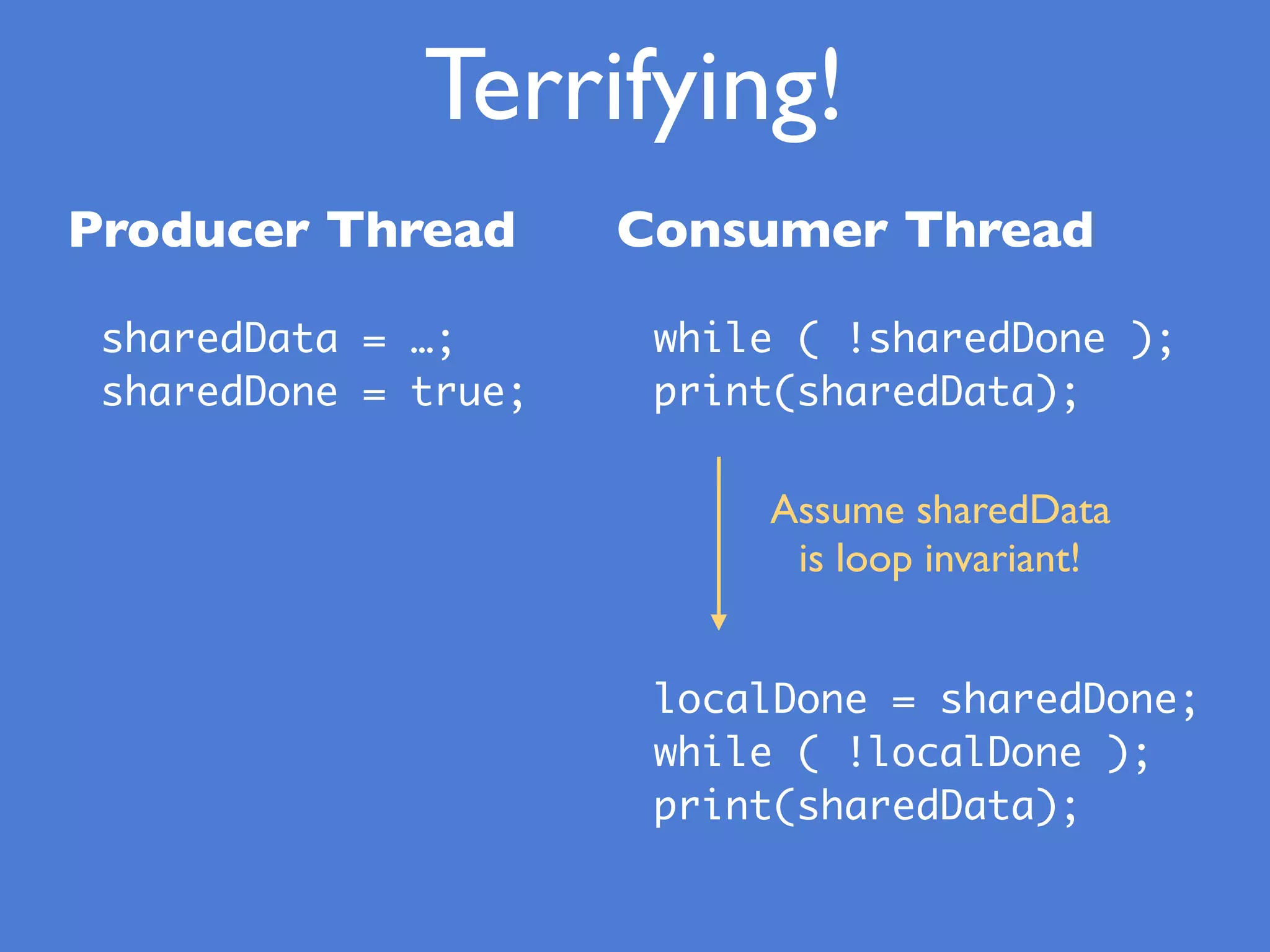 Terrifying!
while ( !sharedDone );
print(sharedData);
sharedData = …;
sharedDone = true;
Consumer ThreadProducer Thread
Assume sharedData
is loop invariant!
localDone = sharedDone;
while ( !localDone );
print(sharedData);
 