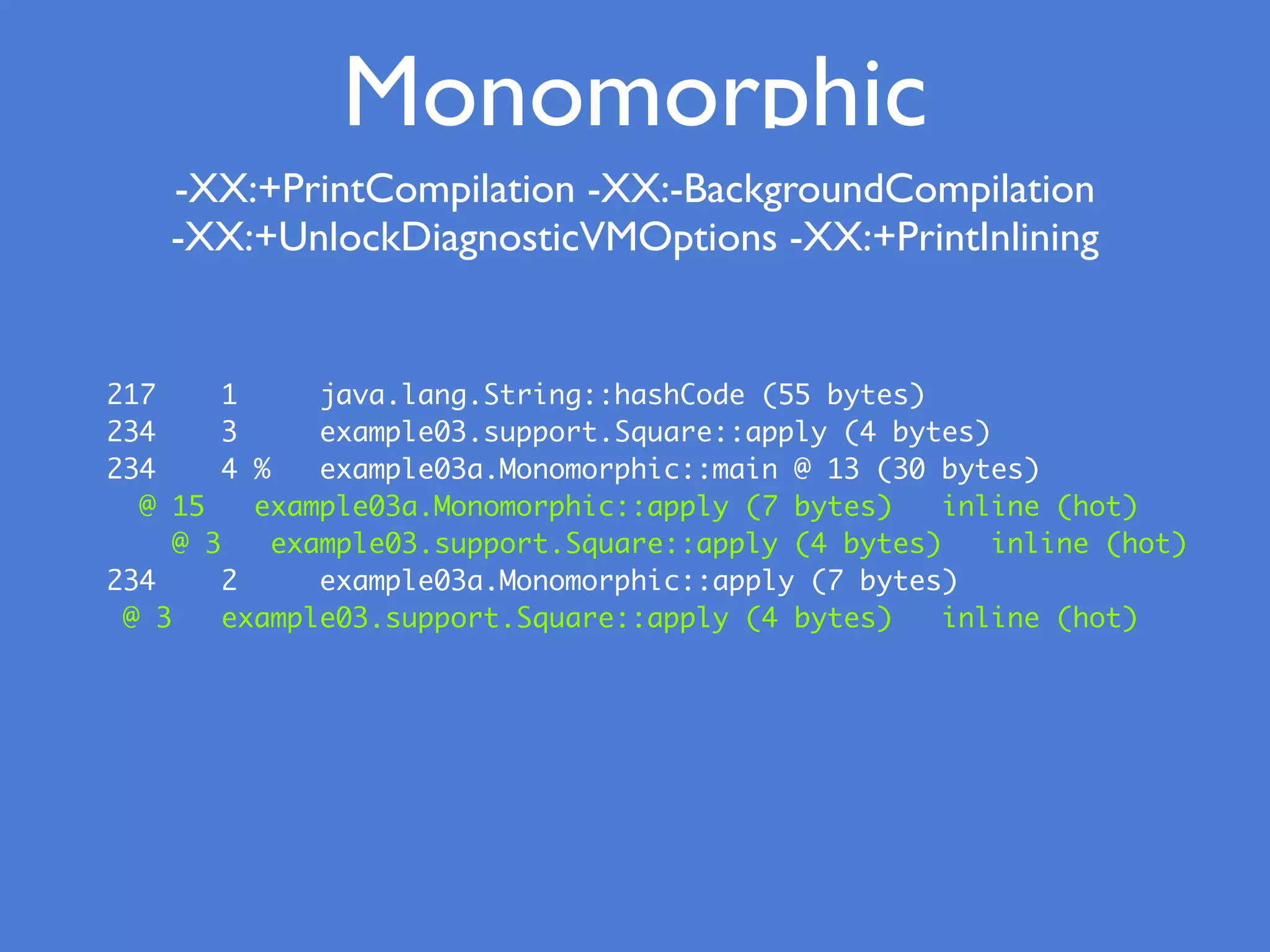 217 1 java.lang.String::hashCode (55 bytes)
234 3 example03.support.Square::apply (4 bytes)
234 4 % example03a.Monomorphic::main @ 13 (30 bytes)
@ 15 example03a.Monomorphic::apply (7 bytes) inline (hot)
@ 3 example03.support.Square::apply (4 bytes) inline (hot)
234 2 example03a.Monomorphic::apply (7 bytes)
@ 3 example03.support.Square::apply (4 bytes) inline (hot)
Monomorphic
-XX:+PrintCompilation -XX:-BackgroundCompilation
-XX:+UnlockDiagnosticVMOptions -XX:+PrintInlining
 