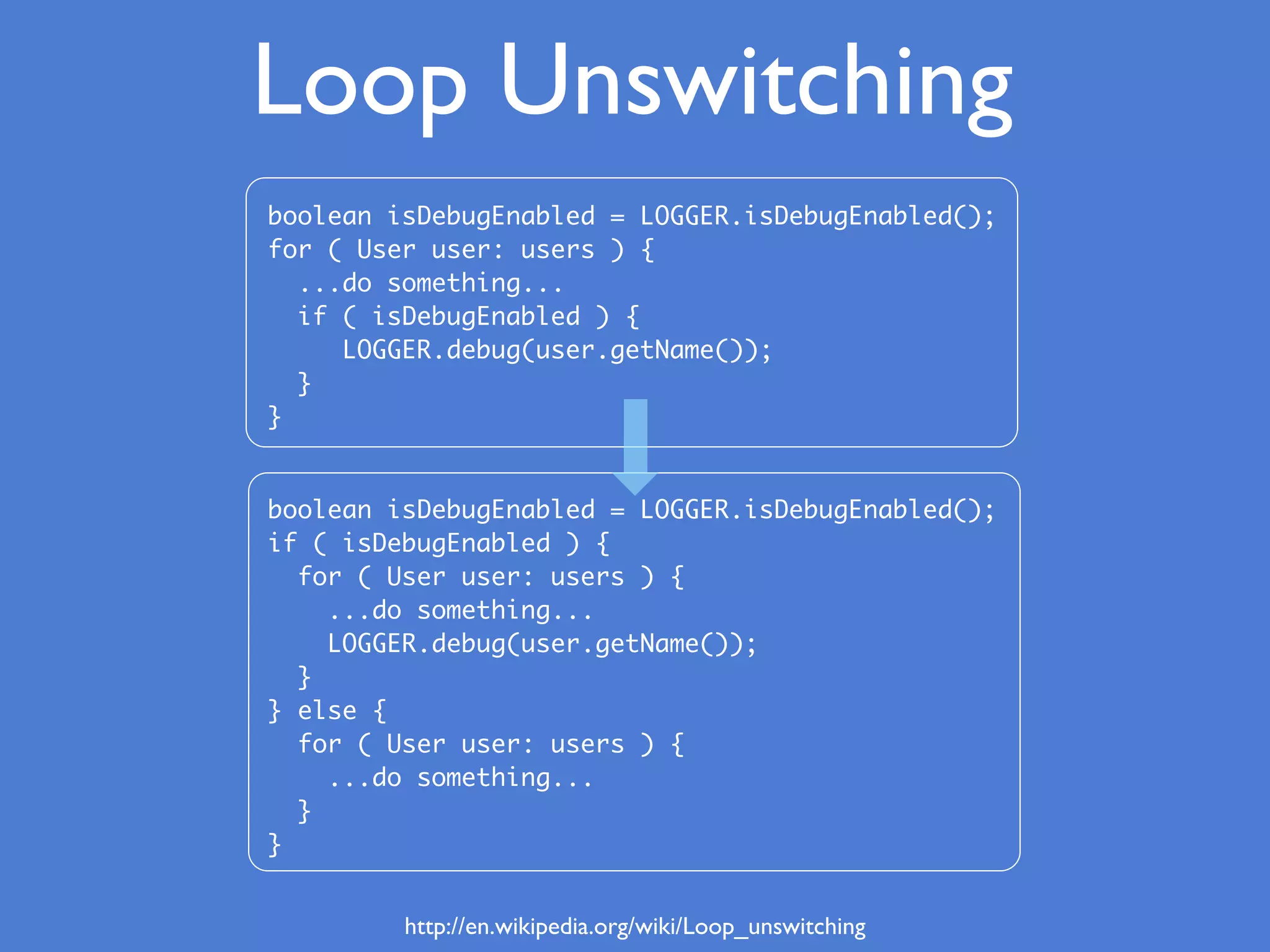boolean isDebugEnabled = LOGGER.isDebugEnabled();
for ( User user: users ) {
...do something...
if ( isDebugEnabled ) {
LOGGER.debug(user.getName());
}
}
boolean isDebugEnabled = LOGGER.isDebugEnabled();
if ( isDebugEnabled ) {
for ( User user: users ) {
...do something...
LOGGER.debug(user.getName());
}
} else {
for ( User user: users ) {
...do something...
}
}
Loop Unswitching
http://en.wikipedia.org/wiki/Loop_unswitching
 