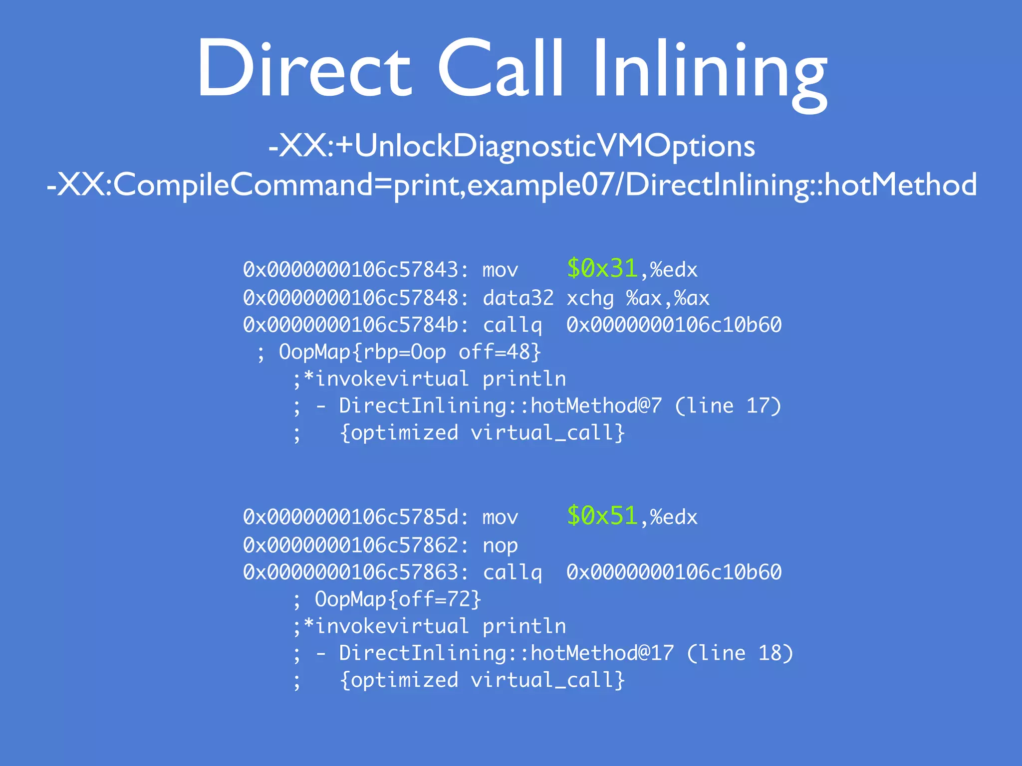 0x0000000106c57843: mov $0x31,%edx
0x0000000106c57848: data32 xchg %ax,%ax
0x0000000106c5784b: callq 0x0000000106c10b60
; OopMap{rbp=Oop off=48}
;*invokevirtual println
; - DirectInlining::hotMethod@7 (line 17)
; {optimized virtual_call}
0x0000000106c5785d: mov $0x51,%edx
0x0000000106c57862: nop
0x0000000106c57863: callq 0x0000000106c10b60
; OopMap{off=72}
;*invokevirtual println
; - DirectInlining::hotMethod@17 (line 18)
; {optimized virtual_call}
-XX:+UnlockDiagnosticVMOptions
-XX:CompileCommand=print,example07/DirectInlining::hotMethod
Direct Call Inlining
 