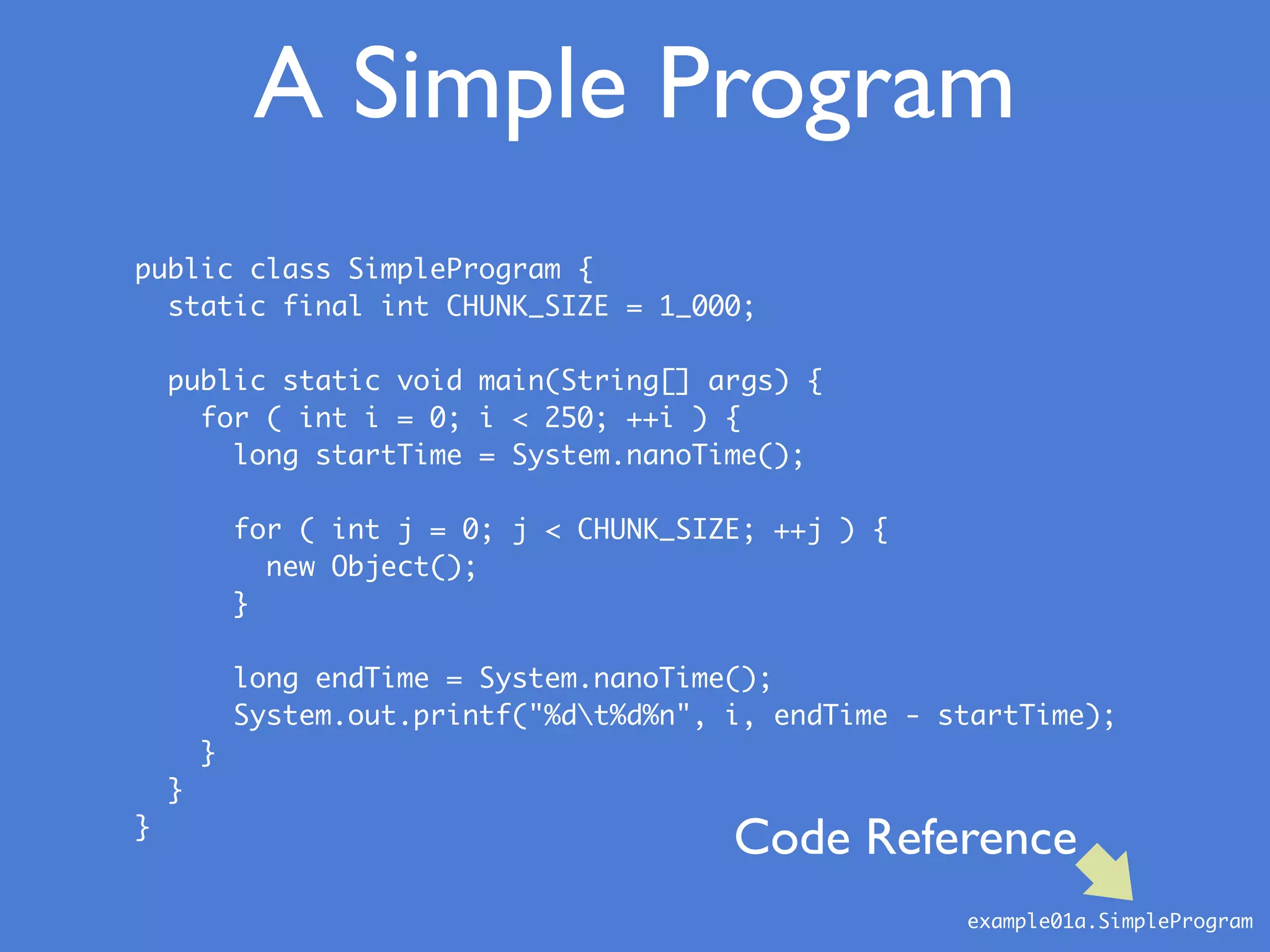 public class SimpleProgram {
static final int CHUNK_SIZE = 1_000;
public static void main(String[] args) {
for ( int i = 0; i < 250; ++i ) {
long startTime = System.nanoTime();
for ( int j = 0; j < CHUNK_SIZE; ++j ) {
new Object();
}
long endTime = System.nanoTime();
System.out.printf("%dt%d%n", i, endTime - startTime);
}
}
}
A Simple Program
example01a.SimpleProgram
Code Reference
 