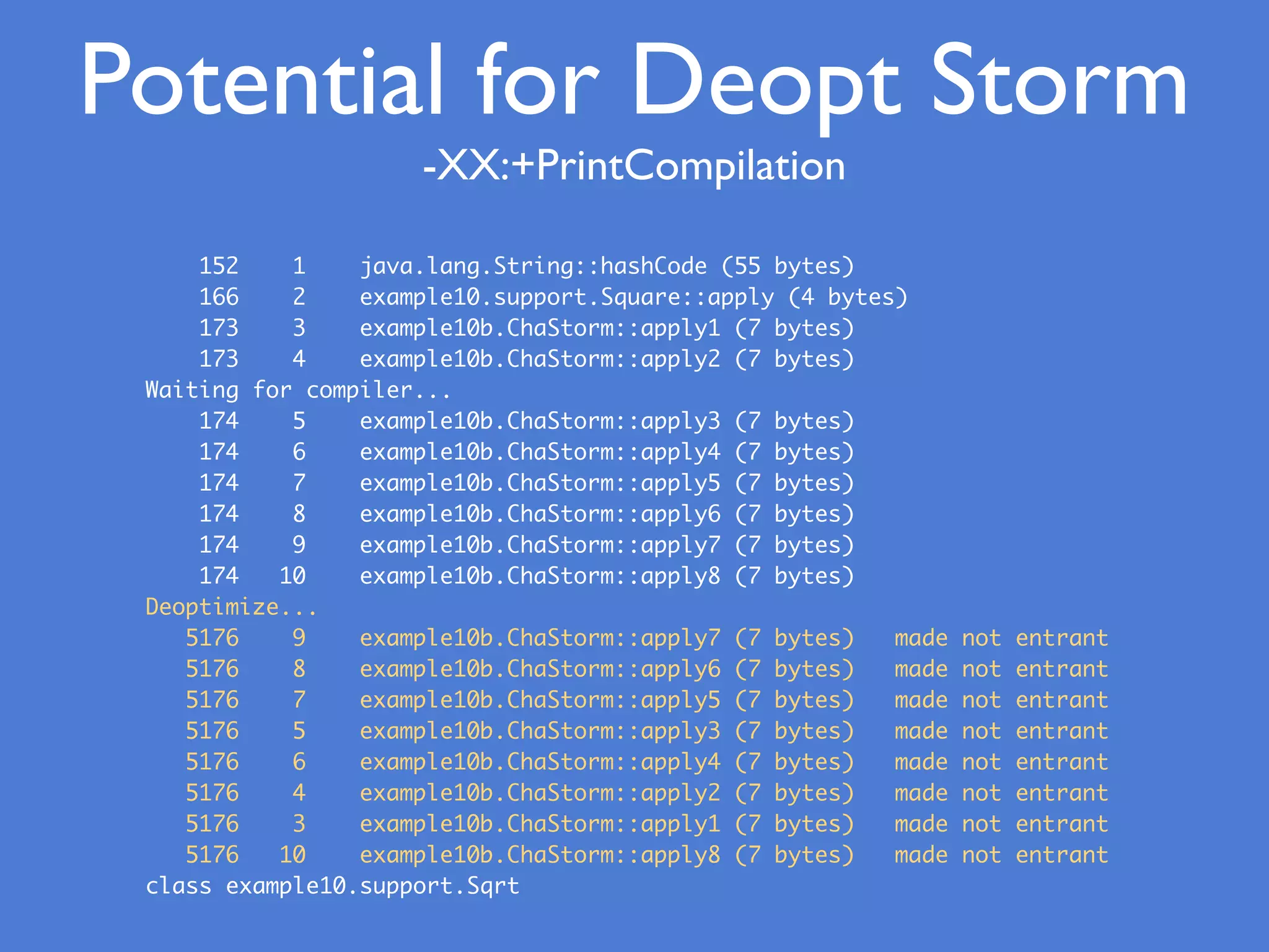 Potential for Deopt Storm
152 1 java.lang.String::hashCode (55 bytes)
166 2 example10.support.Square::apply (4 bytes)
173 3 example10b.ChaStorm::apply1 (7 bytes)
173 4 example10b.ChaStorm::apply2 (7 bytes)
Waiting for compiler...
174 5 example10b.ChaStorm::apply3 (7 bytes)
174 6 example10b.ChaStorm::apply4 (7 bytes)
174 7 example10b.ChaStorm::apply5 (7 bytes)
174 8 example10b.ChaStorm::apply6 (7 bytes)
174 9 example10b.ChaStorm::apply7 (7 bytes)
174 10 example10b.ChaStorm::apply8 (7 bytes)
Deoptimize...
5176 9 example10b.ChaStorm::apply7 (7 bytes) made not entrant
5176 8 example10b.ChaStorm::apply6 (7 bytes) made not entrant
5176 7 example10b.ChaStorm::apply5 (7 bytes) made not entrant
5176 5 example10b.ChaStorm::apply3 (7 bytes) made not entrant
5176 6 example10b.ChaStorm::apply4 (7 bytes) made not entrant
5176 4 example10b.ChaStorm::apply2 (7 bytes) made not entrant
5176 3 example10b.ChaStorm::apply1 (7 bytes) made not entrant
5176 10 example10b.ChaStorm::apply8 (7 bytes) made not entrant
class example10.support.Sqrt
-XX:+PrintCompilation
 