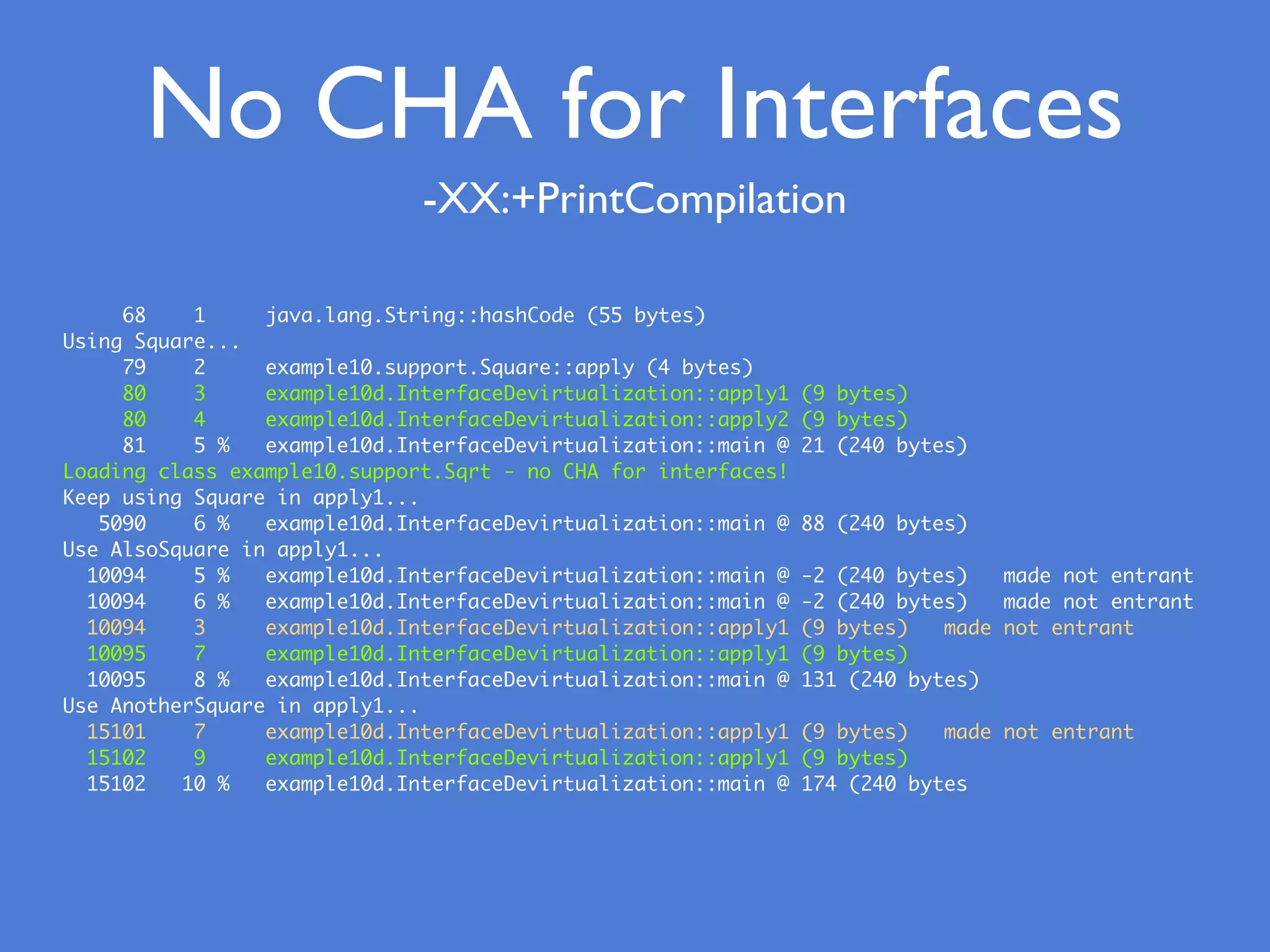 68 1 java.lang.String::hashCode (55 bytes)
Using Square...
79 2 example10.support.Square::apply (4 bytes)
80 3 example10d.InterfaceDevirtualization::apply1 (9 bytes)
80 4 example10d.InterfaceDevirtualization::apply2 (9 bytes)
81 5 % example10d.InterfaceDevirtualization::main @ 21 (240 bytes)
Loading class example10.support.Sqrt - no CHA for interfaces!
Keep using Square in apply1...
5090 6 % example10d.InterfaceDevirtualization::main @ 88 (240 bytes)
Use AlsoSquare in apply1...
10094 5 % example10d.InterfaceDevirtualization::main @ -2 (240 bytes) made not entrant
10094 6 % example10d.InterfaceDevirtualization::main @ -2 (240 bytes) made not entrant
10094 3 example10d.InterfaceDevirtualization::apply1 (9 bytes) made not entrant
10095 7 example10d.InterfaceDevirtualization::apply1 (9 bytes)
10095 8 % example10d.InterfaceDevirtualization::main @ 131 (240 bytes)
Use AnotherSquare in apply1...
15101 7 example10d.InterfaceDevirtualization::apply1 (9 bytes) made not entrant
15102 9 example10d.InterfaceDevirtualization::apply1 (9 bytes)
15102 10 % example10d.InterfaceDevirtualization::main @ 174 (240 bytes
No CHA for Interfaces
-XX:+PrintCompilation
 