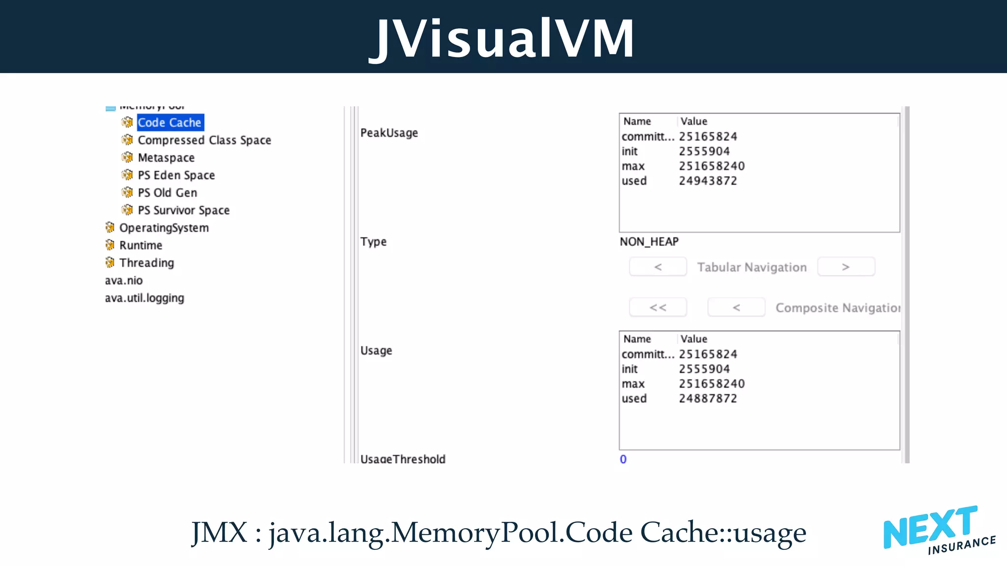 JVisualVM
JMX : java.lang.MemoryPool.Code Cache::usage
 
