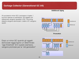 35
Garbage Collector (Generational GC 5/6)
Al successivo minor GC il processo si ripete. I
survivor spaces si scambiano. Gli oggetti con
references vengono spostati in S0. I surviving
objects vengono storicizzati. L’eden e S1 vengono
ripuliti.
Dopo un minor GC quando gli oggetti
storicizzati raggiungono un determinato
“age threshold” (8 in questo esempio),
vengono promossi per la “old generation”
 