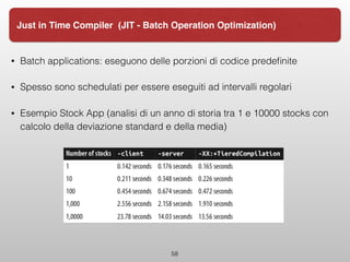 58
Just in Time Compiler (JIT - Batch Operation Optimization)
• Batch applications: eseguono delle porzioni di codice predeﬁnite
• Spesso sono schedulati per essere eseguiti ad intervalli regolari
• Esempio Stock App (analisi di un anno di storia tra 1 e 10000 stocks con
calcolo della deviazione standard e della media)
 