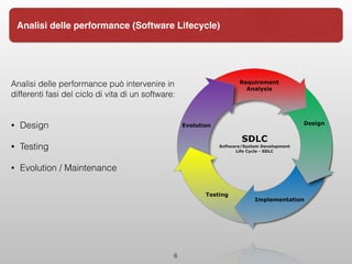 Analisi delle performance può intervenire in
differenti fasi del ciclo di vita di un software:
• Design
• Testing
• Evolution / Maintenance
6
Analisi delle performance (Software Lifecycle)
 