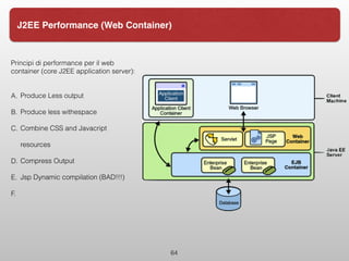 Principi di performance per il web
container (core J2EE application server):
A. Produce Less output
B. Produce less withespace
C. Combine CSS and Javacript
resources
D. Compress Output
E. Jsp Dynamic compilation (BAD!!!)
F.
64
J2EE Performance (Web Container)
 