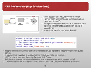 • Bisogna prestare attenzione ai dati salvati nella session. Se è possibile bisognerebbe evitare questa
tecnica.
• E’ buona norma invalidare la session quando il client non ne ha più bisogno.
• I J2EE container hanno un timeout sulla durata della Session.
• Se il client non esegue più request la session rimane appesa e non viene eseguito un GC.
• In Ambienti Clustered HA bisogna prestare attenzione a come gli oggetti Session sono replicati.
65
J2EE Performance (Http Session State)
• client esegue una request verso il server,
• il server crea una Session e la associa a quel
client tramite un ID.
• per ogni successiva request di quel client sarà
presente il riferimento alla session creata in
precedenza.
• è possibile salvare dati nella Session.
 