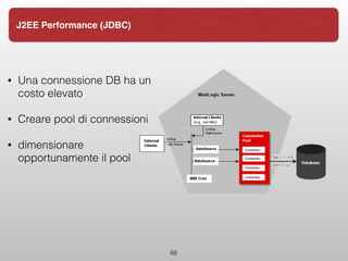 68
J2EE Performance (JDBC)
• Una connessione DB ha un
costo elevato
• Creare pool di connessioni
• dimensionare
opportunamente il pool
 