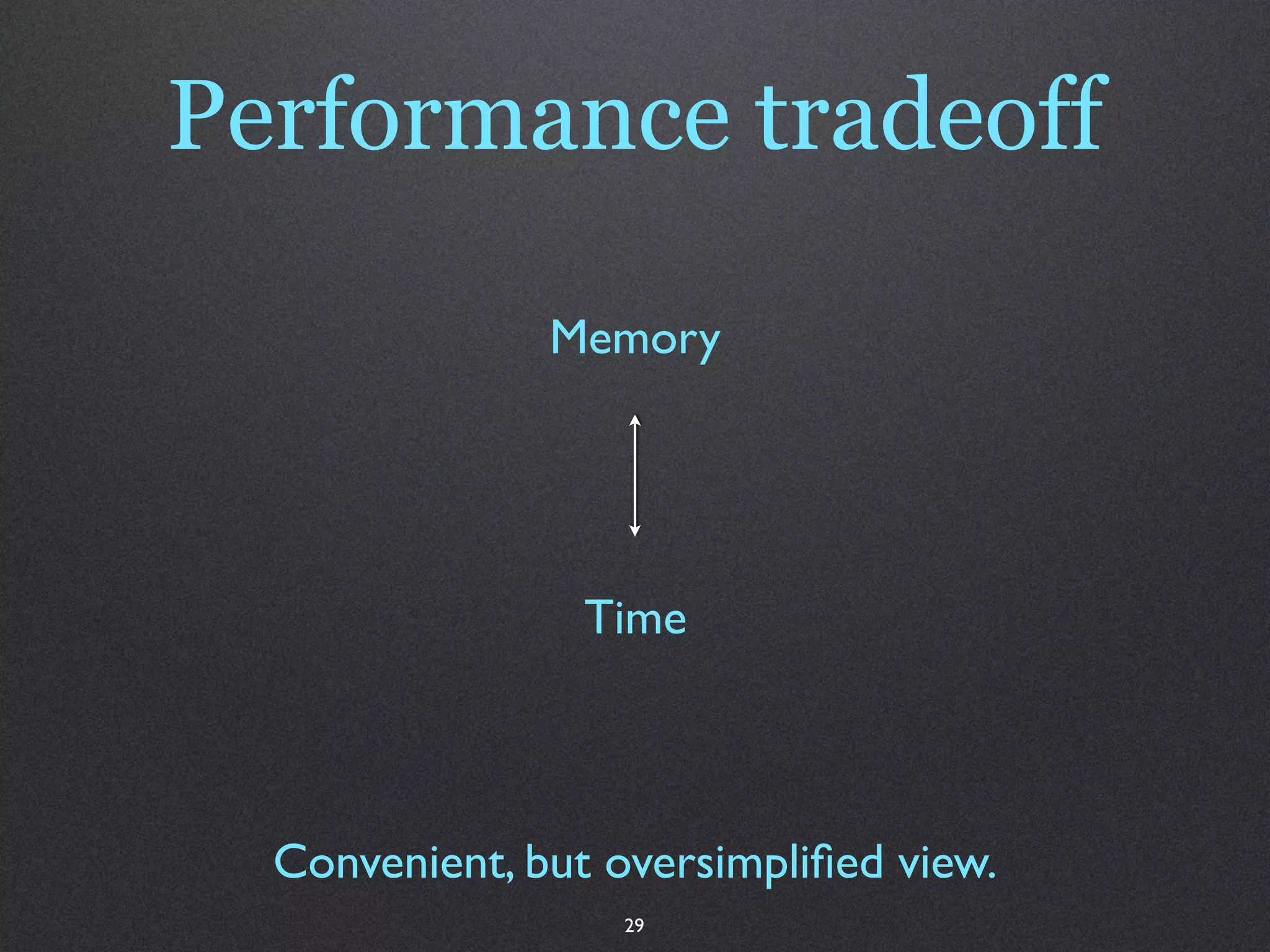 Performance tradeoff

               Memory




                 Time



  Convenient, but oversimpliﬁed view.
                  29
 