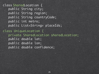 class SharedLocation {
   public String city;
   public String region;
   public String countryCode;
   public int metro;
   public List<String> placeIds;
class UniqueLocation {
   private SharedLocation sharedLocation;
   public double lat;
   public double lon;
   public double confidence;




                        26
 