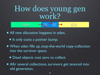How does young gen
           work?
          Eden          S1        S2      Old

• All new allocation happens in eden.
 • It only costs a pointer bump.
• When eden ﬁlls up, stop-the-world copy-collection
  into the survivor space.
 • Dead objects cost zero to collect.
• Aftr several collections, survivors get tenured into
  old generation.
                             36
 