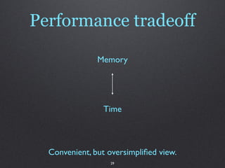 Performance tradeoff

               Memory




                 Time



  Convenient, but oversimpliﬁed view.
           ...