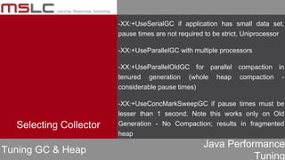 Java Performance
Tuning
-XX:+UseSerialGC if application has small data set,
pause times are not required to be strict, Uniprocessor
-XX:+UseParallelGC with multiple processors
-XX:+UseParallelOldGC for parallel compaction in
tenured generation (whole heap compaction -
considerable pause times)
-XX:+UseConcMarkSweepGC if pause times must be
lesser than 1 second. Note this works only on Old
Generation - No Compaction; results in fragmented
heap
Tuning GC & Heap
Selecting Collector
 
