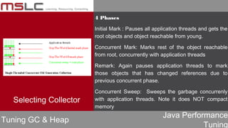 Java Performance
Tuning
4 Phases
Initial Mark : Pauses all application threads and gets the
root objects and object reachable from young.
Concurrent Mark: Marks rest of the object reachable
from root, concurrently with application threads
Remark: Again pauses application threads to mark
those objects that has changed references due to
previous concurrent phase.
Concurrent Sweep: Sweeps the garbage concurrenly
with application threads. Note it does NOT compact
memory
Tuning GC & Heap
Selecting Collector
 