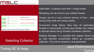 Java Performance
Tuning
Initial Mark - is always done with 1 single thread.
Remaking can be tuned to use multiple threads.
Pauses are for a very minimal amount of time - only
during initial mark and remark phase.
Concurrent mode failure: May stop all application
threads if concurrently running app threads are unable
to allocate before the gc threads completes collection.
Floating Garbage: It is possible that objects traced by
gc may become unreachable before gc completes
collection. This will be cleared in next generation
Tuning GC & Heap
Selecting Collector
 