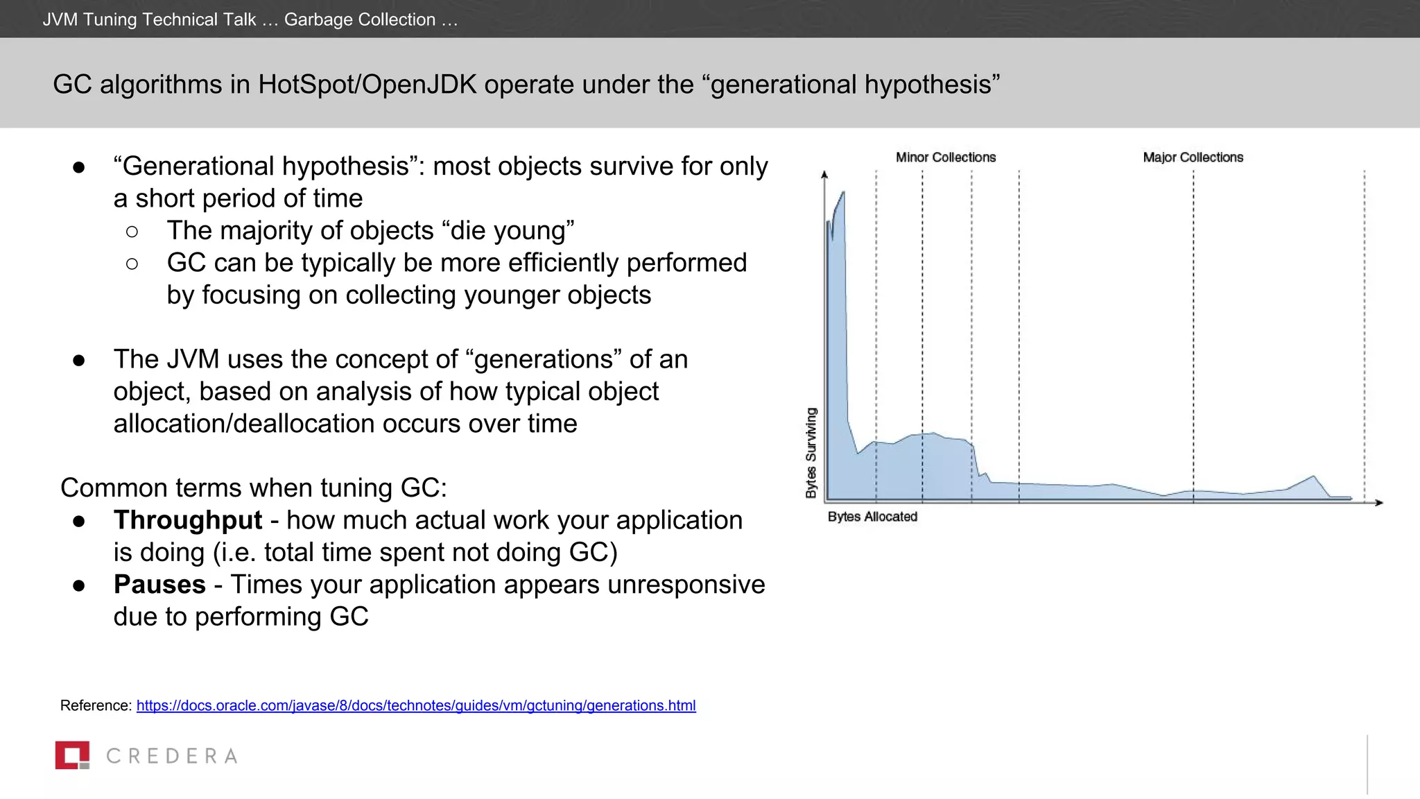 JVM Tuning Technical Talk … Garbage Collection …
● “Generational hypothesis”: most objects survive for only
a short period of time
○ The majority of objects “die young”
○ GC can be typically be more efficiently performed
by focusing on collecting younger objects
● The JVM uses the concept of “generations” of an
object, based on analysis of how typical object
allocation/deallocation occurs over time
Common terms when tuning GC:
● Throughput - how much actual work your application
is doing (i.e. total time spent not doing GC)
● Pauses - Times your application appears unresponsive
due to performing GC
Reference: https://docs.oracle.com/javase/8/docs/technotes/guides/vm/gctuning/generations.html
GC algorithms in HotSpot/OpenJDK operate under the “generational hypothesis”
 