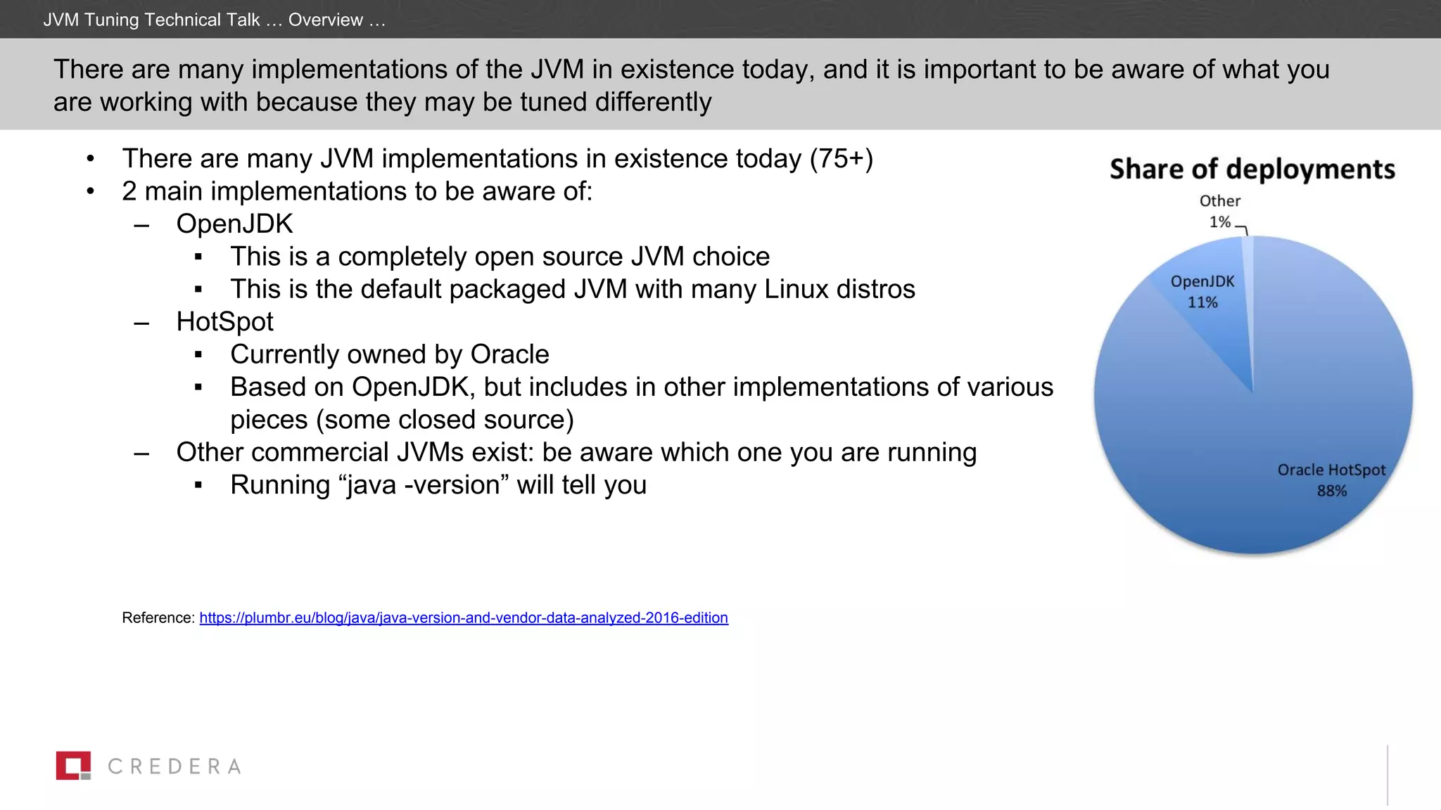 There are many implementations of the JVM in existence today, and it is important to be aware of what you
are working with because they may be tuned differently
• There are many JVM implementations in existence today (75+)
• 2 main implementations to be aware of:
– OpenJDK
▪ This is a completely open source JVM choice
▪ This is the default packaged JVM with many Linux distros
– HotSpot
▪ Currently owned by Oracle
▪ Based on OpenJDK, but includes in other implementations of various
pieces (some closed source)
– Other commercial JVMs exist: be aware which one you are running
▪ Running “java -version” will tell you
Reference: https://plumbr.eu/blog/java/java-version-and-vendor-data-analyzed-2016-edition
JVM Tuning Technical Talk … Overview …
 