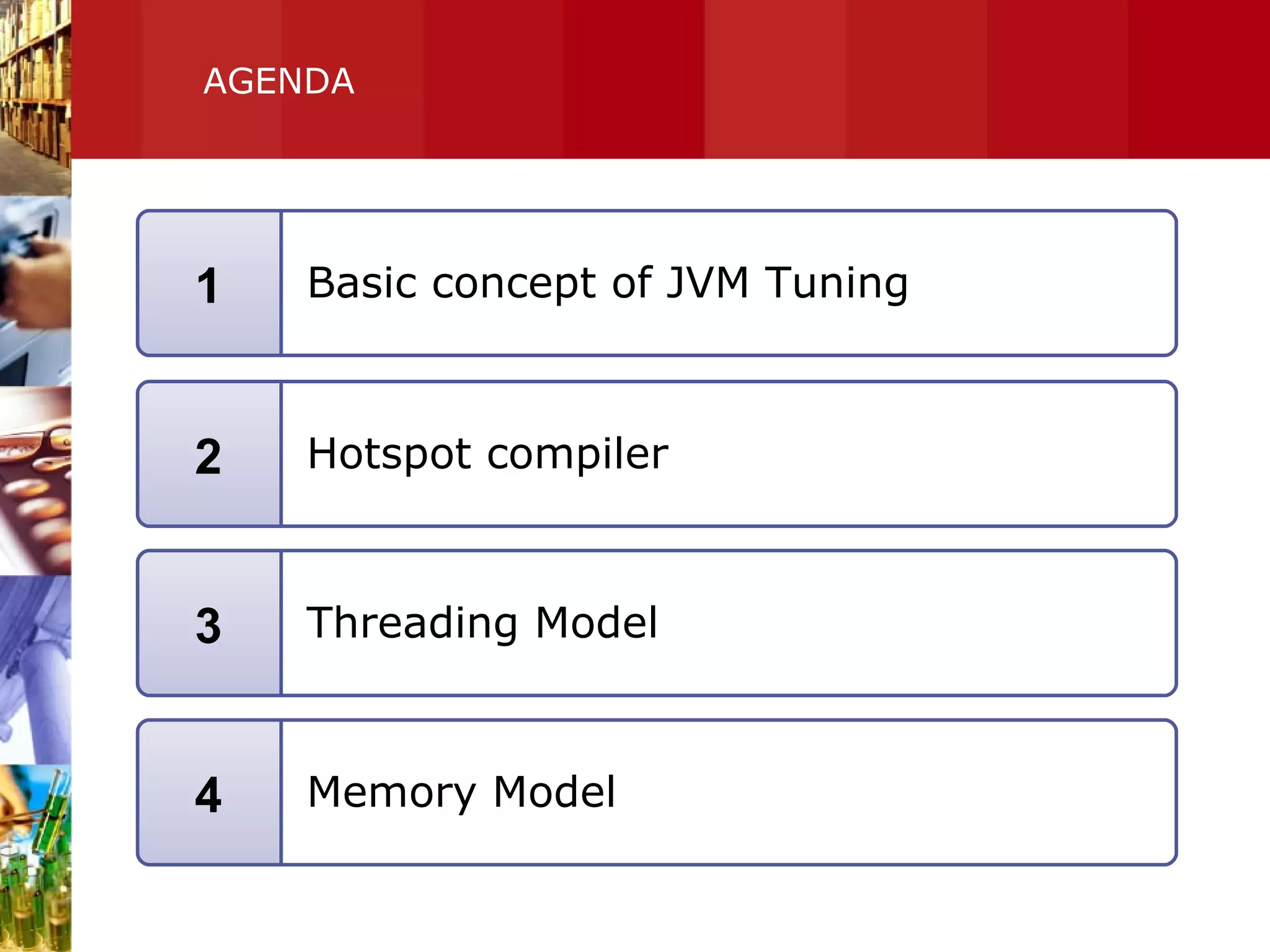 AGENDA Basic concept of JVM Tuning 1 Hotspot compiler 2 Threading Model 3 Memory Model 4 