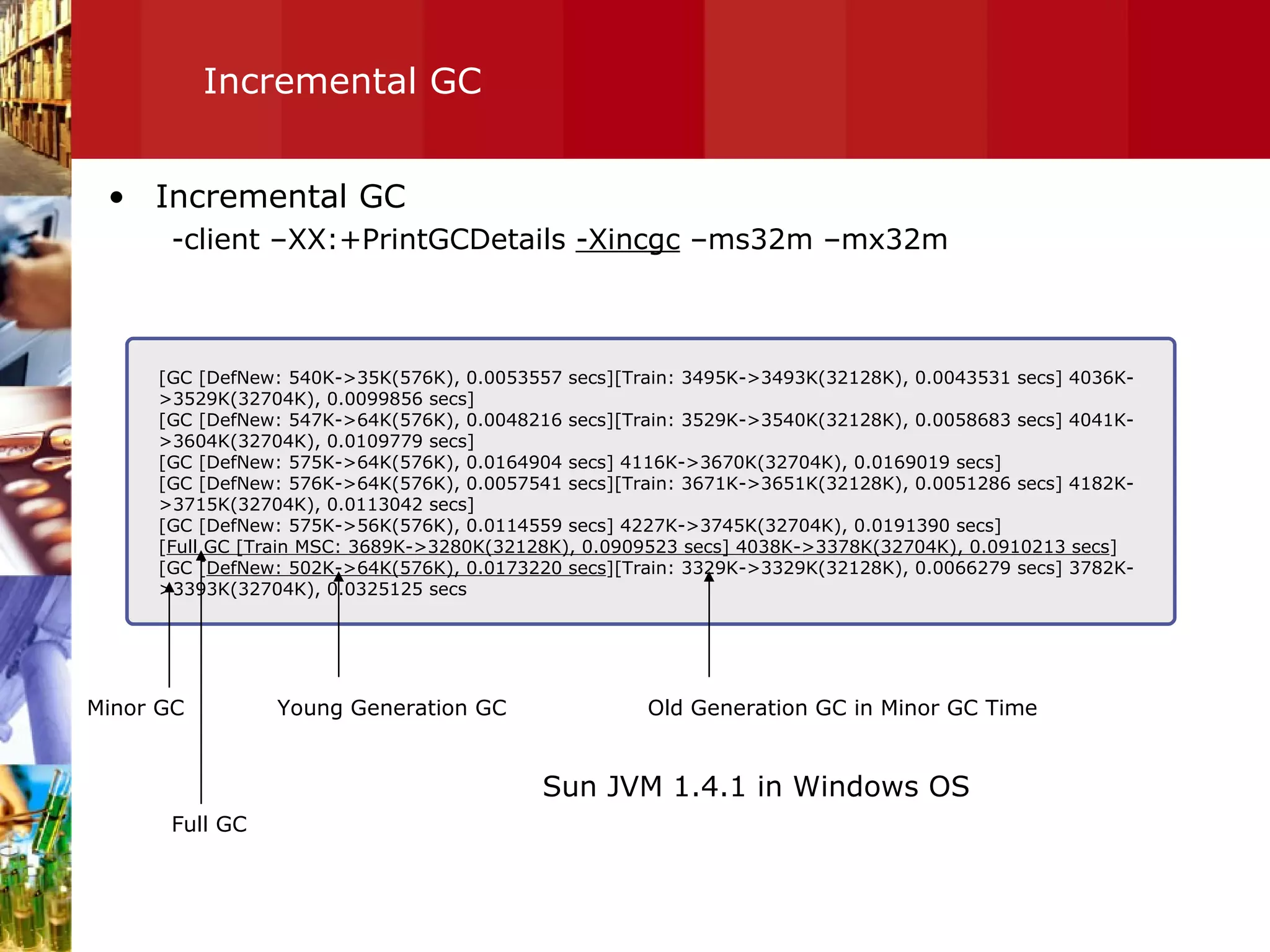 Incremental GC Incremental GC -client –XX:+PrintGCDetails  -Xincgc  –ms32m –mx32m  [GC [DefNew: 540K->35K(576K), 0.0053557 secs][Train: 3495K->3493K(32128K), 0.0043531 secs] 4036K->3529K(32704K), 0.0099856 secs] [GC [DefNew: 547K->64K(576K), 0.0048216 secs][Train: 3529K->3540K(32128K), 0.0058683 secs] 4041K->3604K(32704K), 0.0109779 secs] [GC [DefNew: 575K->64K(576K), 0.0164904 secs] 4116K->3670K(32704K), 0.0169019 secs] [GC [DefNew: 576K->64K(576K), 0.0057541 secs][Train: 3671K->3651K(32128K), 0.0051286 secs] 4182K->3715K(32704K), 0.0113042 secs] [GC [DefNew: 575K->56K(576K), 0.0114559 secs] 4227K->3745K(32704K), 0.0191390 secs] [ Full GC [Train MSC: 3689K->3280K(32128K), 0.0909523 secs] 4038K->3378K(32704K), 0.0910213 secs ] [GC [ DefNew: 502K->64K(576K), 0.0173220 secs ][Train: 3329K->3329K(32128K), 0.0066279 secs] 3782K->3393K(32704K), 0.0325125 secs Young Generation GC Old Generation GC in Minor GC Time Minor GC Full GC Sun JVM 1.4.1 in Windows OS 