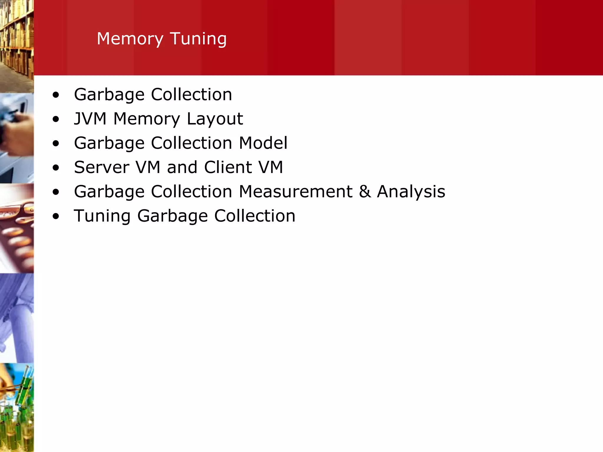 Memory Tuning Garbage Collection JVM Memory Layout Garbage Collection Model Server VM and Client VM Garbage Collection Measurement & Analysis Tuning Garbage Collection 