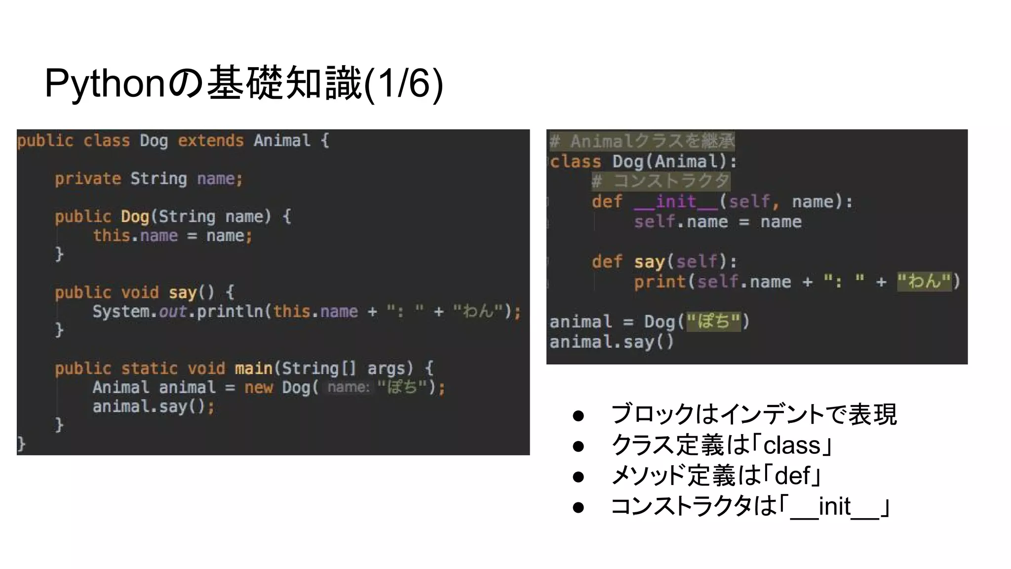 Pythonの基礎知識(1/6)
● ブロックはインデントで表現
● クラス定義は「class」
● メソッド定義は「def」
● コンストラクタは「__init__」
 
