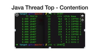 Java Thread Top - Contention
• Open source project 

• https://github.com/lifey/Java-threadTop

• connects to a process via JMX 

• Collects data over an interval of 5 seconds
 