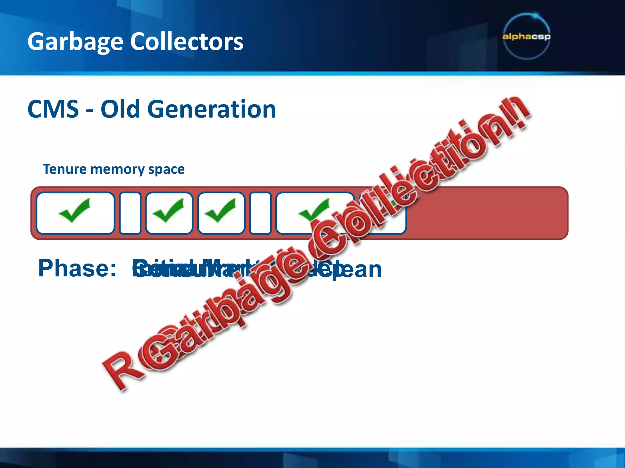 Low pause collector (short Stop the World pauses)Uses Parallel New for new generation GCUses CMS for old generation GCNon compacting old generation collectorStarts before the memory space is full (68%)Requires a larger heapConcurrent Mark-Sweep StrategyGarbage Collectors