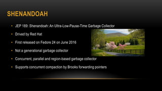 SHENANDOAH
• JEP 189: Shenandoah: An Ultra-Low-Pause-Time Garbage Collector
• Drived by Red Hat
• First released on Fedore 24 on June 2016
• Not a generational garbage collector
• Concurrent, parallel and region-based garbage collector
• Supports concurrent compaction by Brooks forwarding pointers
 